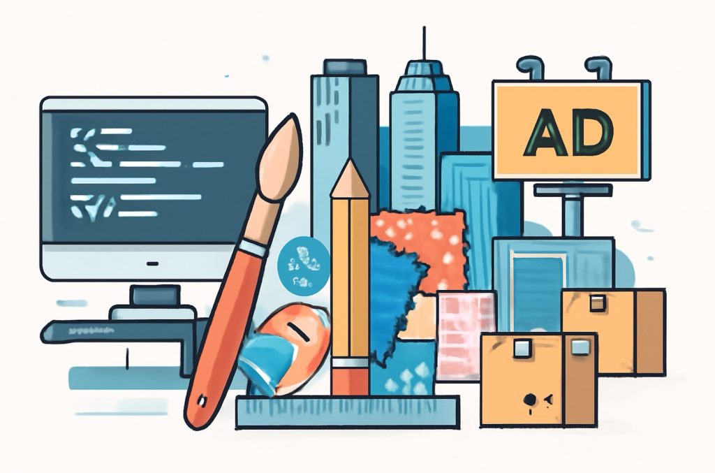 A vibrant and modern composition depicting iconic visual elements from software engineering, graphic and fashion design, real estate and architecture, trade logistics, and marketing & commercials, all integrated in one frame without human figures.